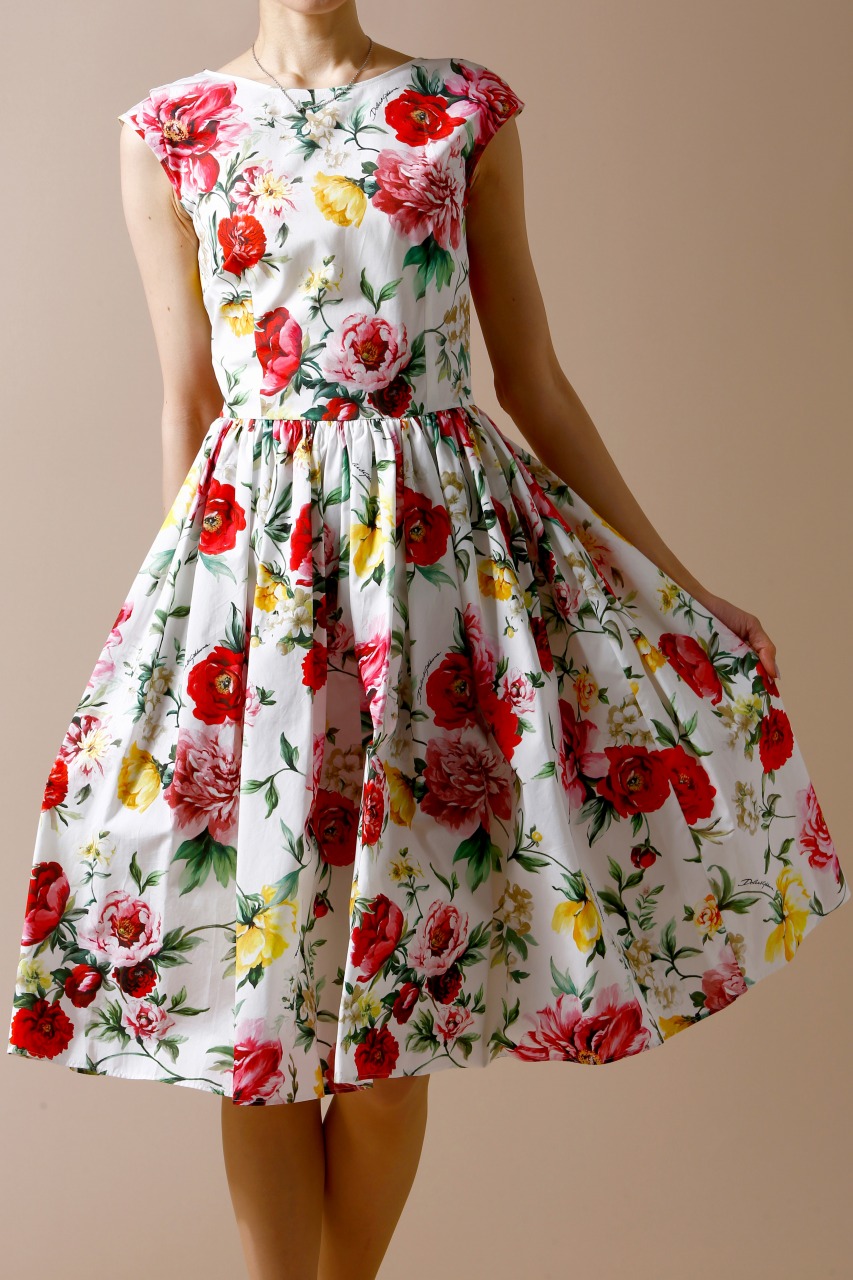 DOLCE＆GABBANA 薔薇水彩画風プリントAラインワンピース｜ハイブランド