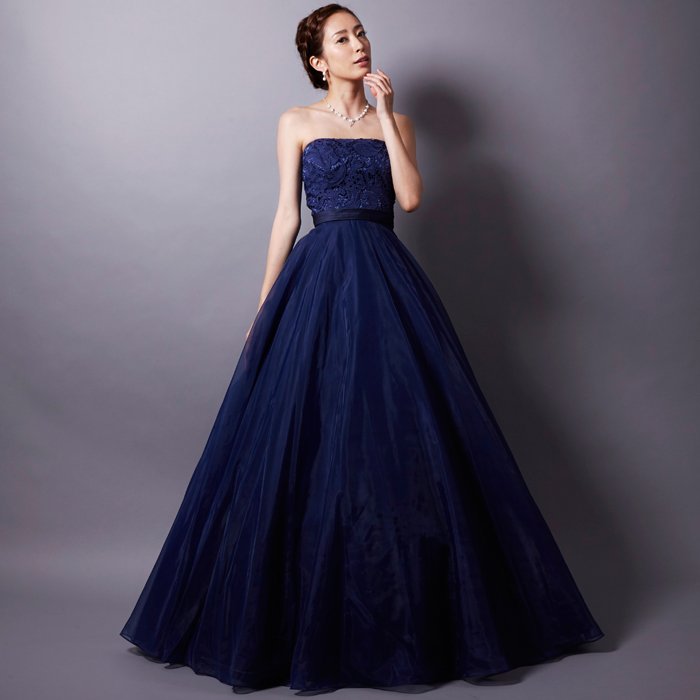 上品なネイビーで気品あるレースロングドレス｜ドレスルームアミ