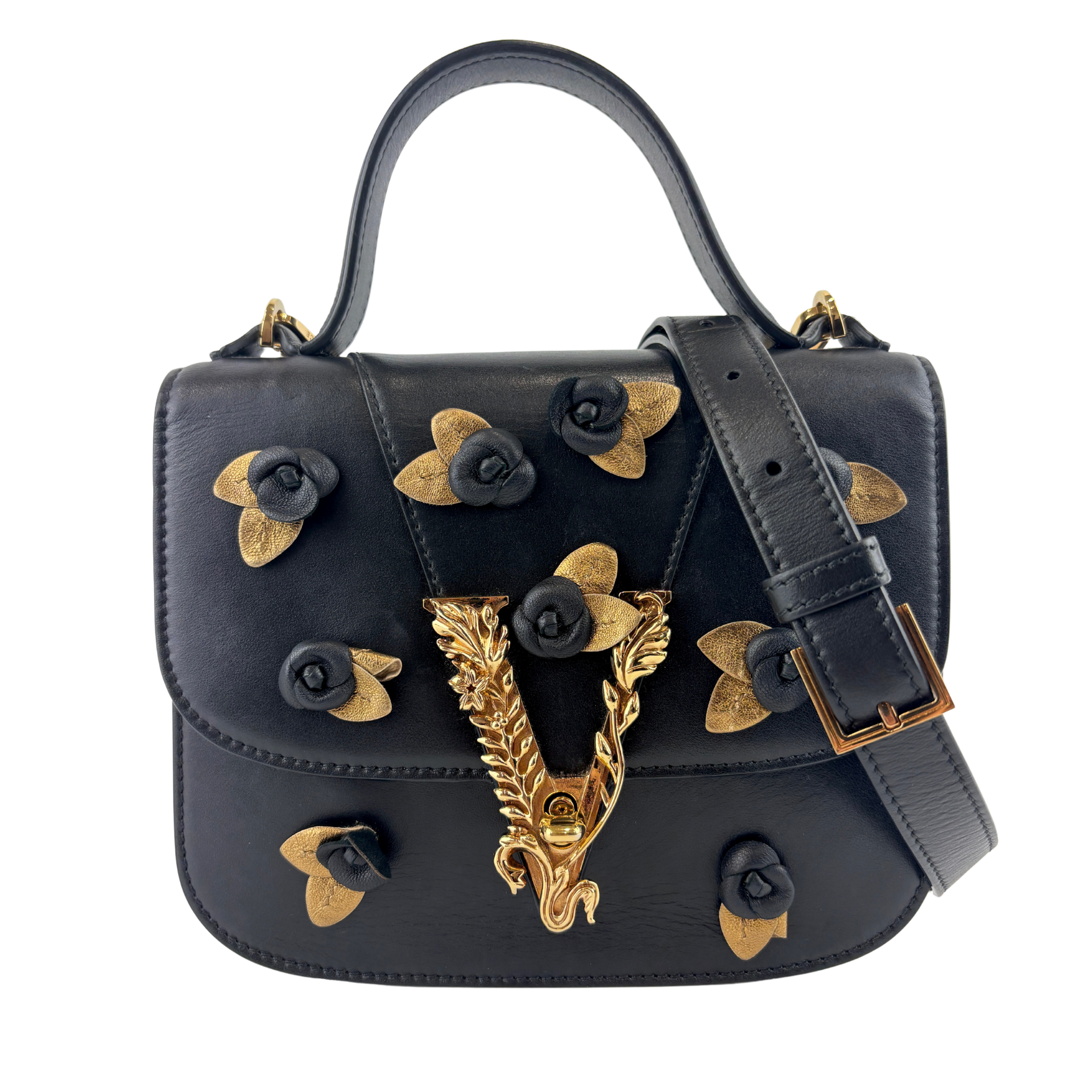 Versace Virtus 3D Flower Top Handle Bag Black | Pre-Owned – Glampot