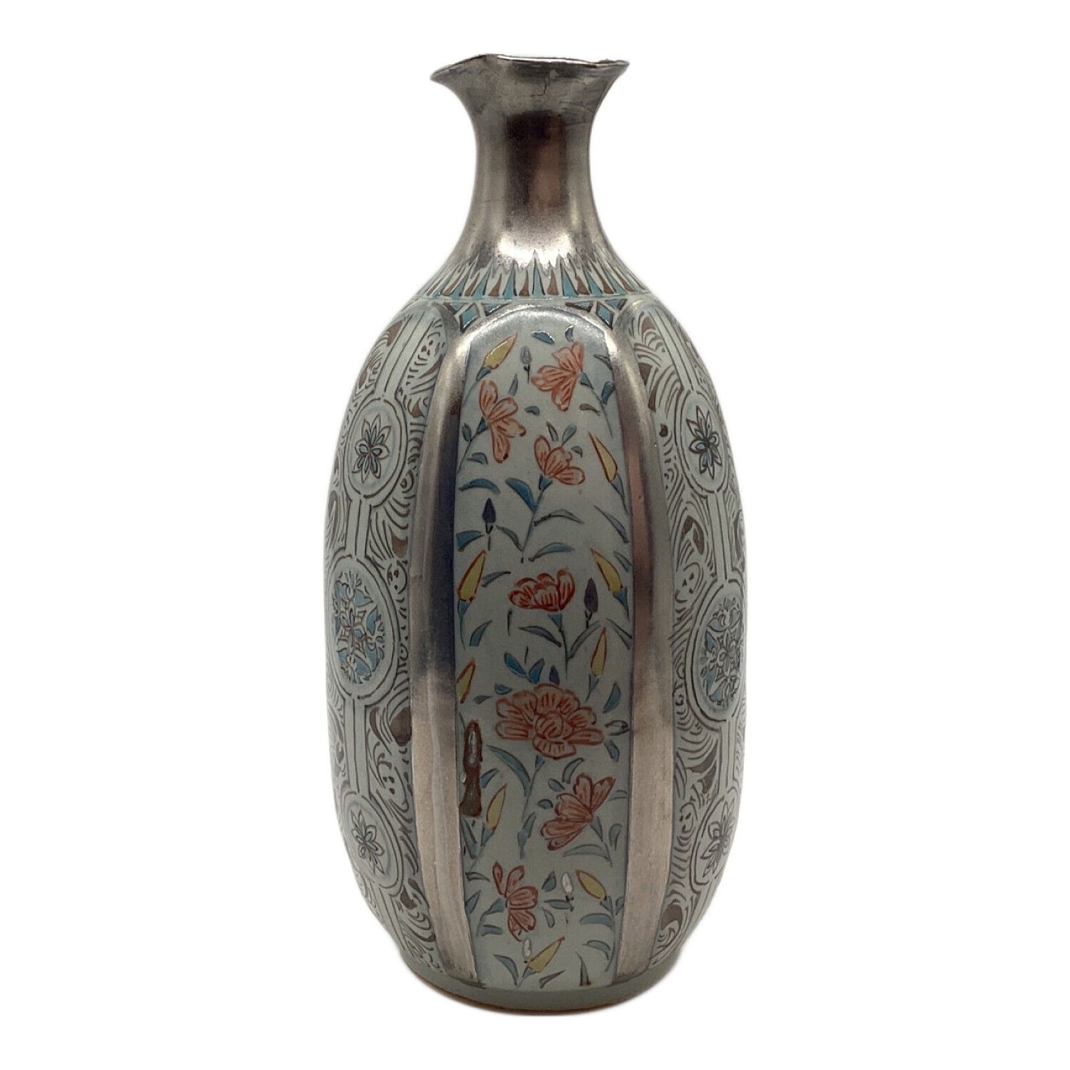 備前焼 (ビゼンヤキ) プラチナ彩色絵花文花瓶 宮崎祐輔作/【谷鳳窯