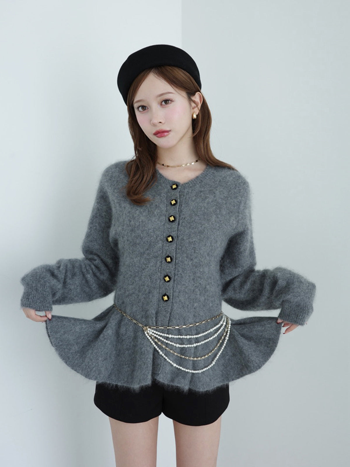 ウール起毛ペプラムニットカーディガン