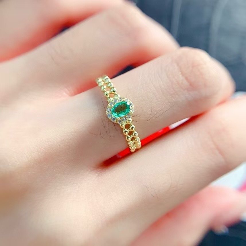 Oval-Cut Natural Emerald & Diamond Ring Gold Emerald Ring Gift for