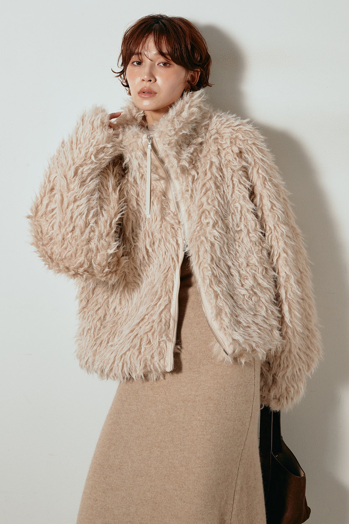 即納】ミックスシープファースタンドブルゾン/ベージュ– ESICA