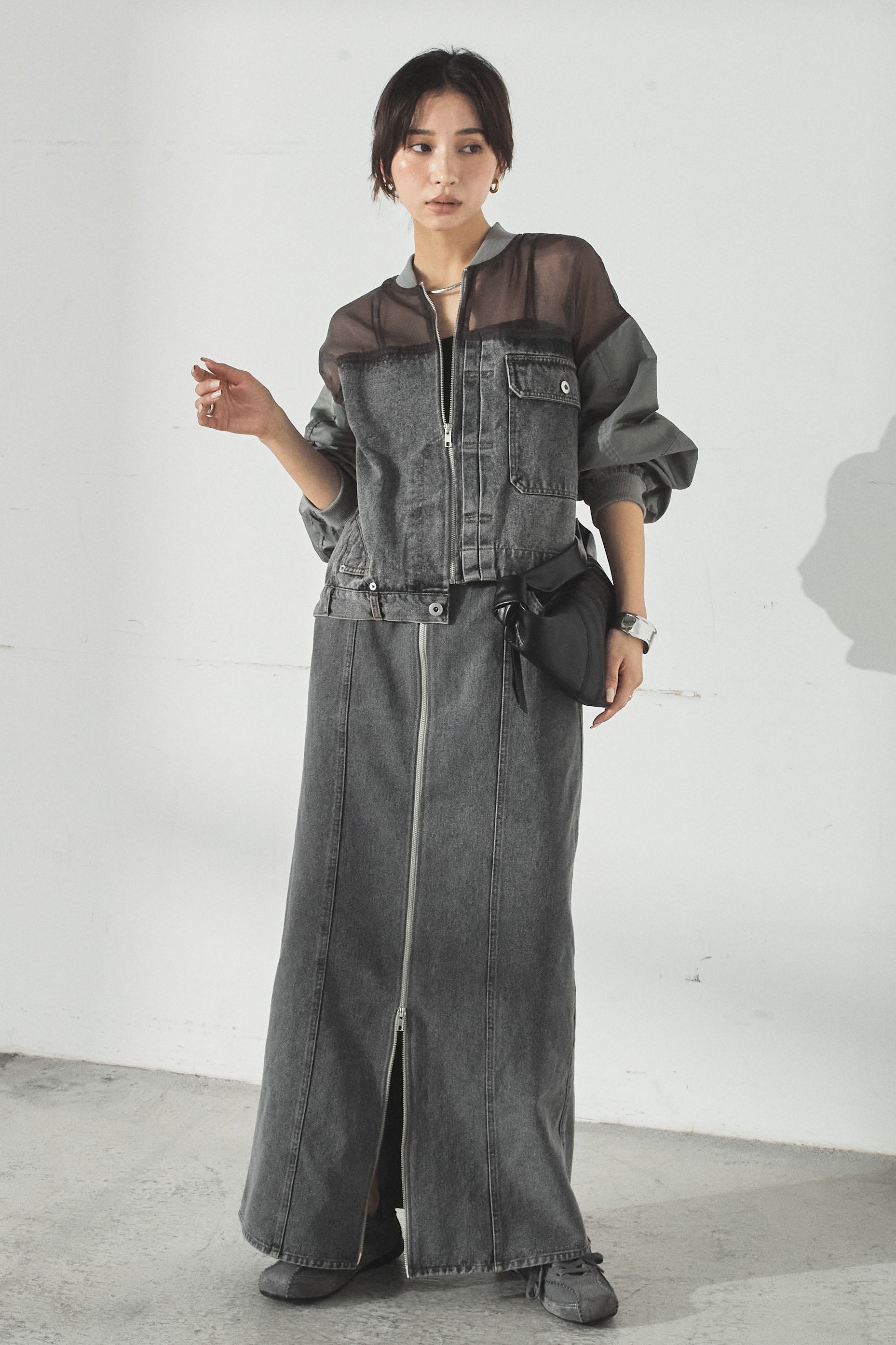 SET]デニムコンビネーションブルゾン+フロントジップデニムスカート