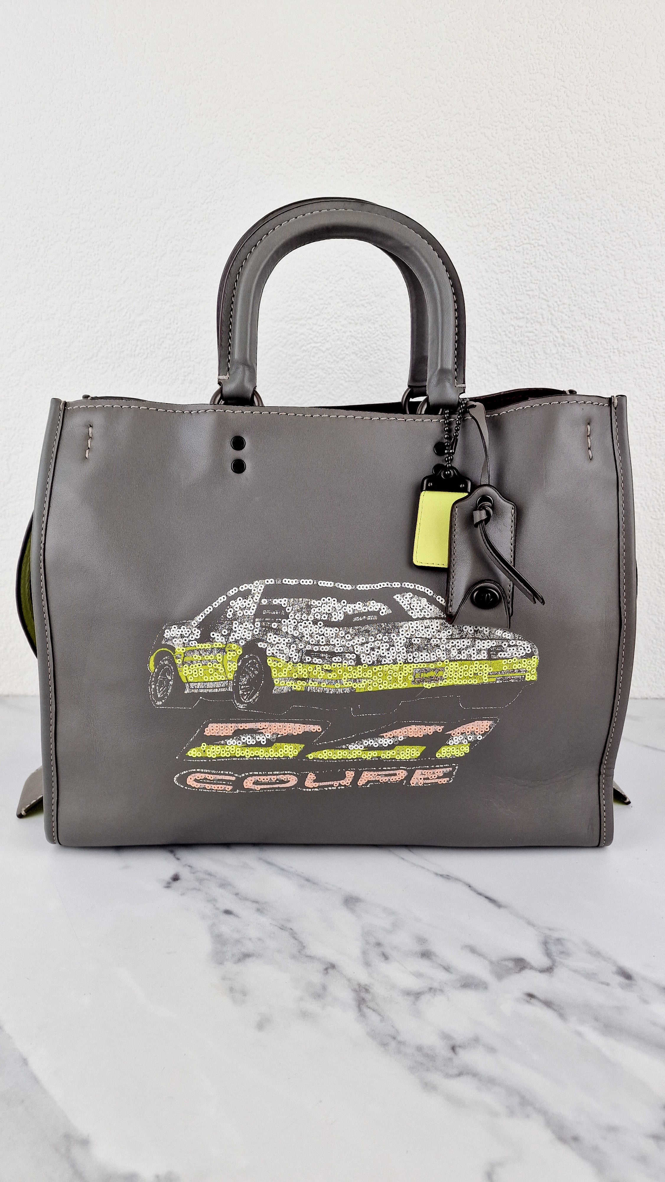 Coach Rogue 36 in Grey Glovetanned Leather with Car Embellishment