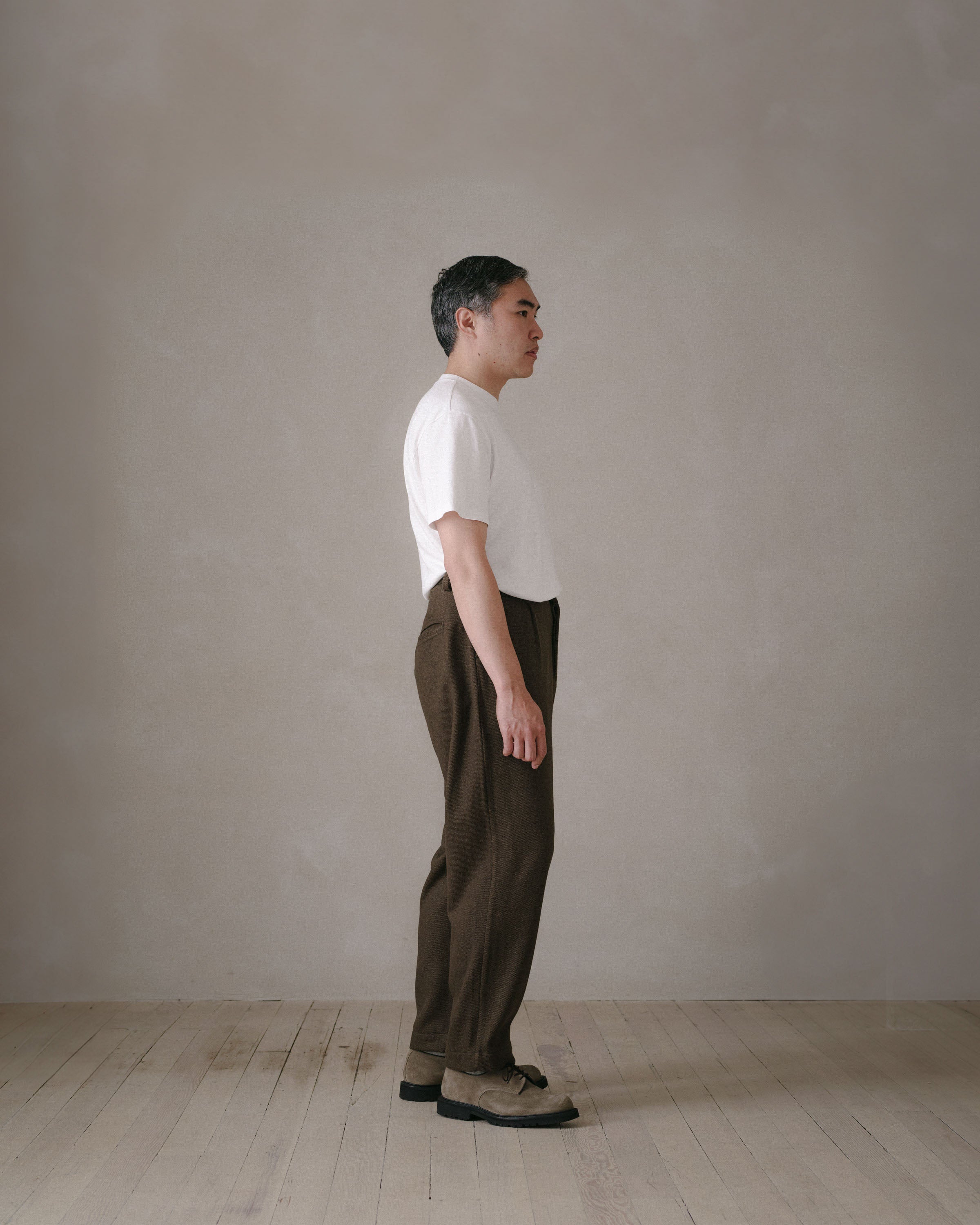 Single Pleat Pant - Yarn Dyed Wool/Cotton Twill, Olive Melange