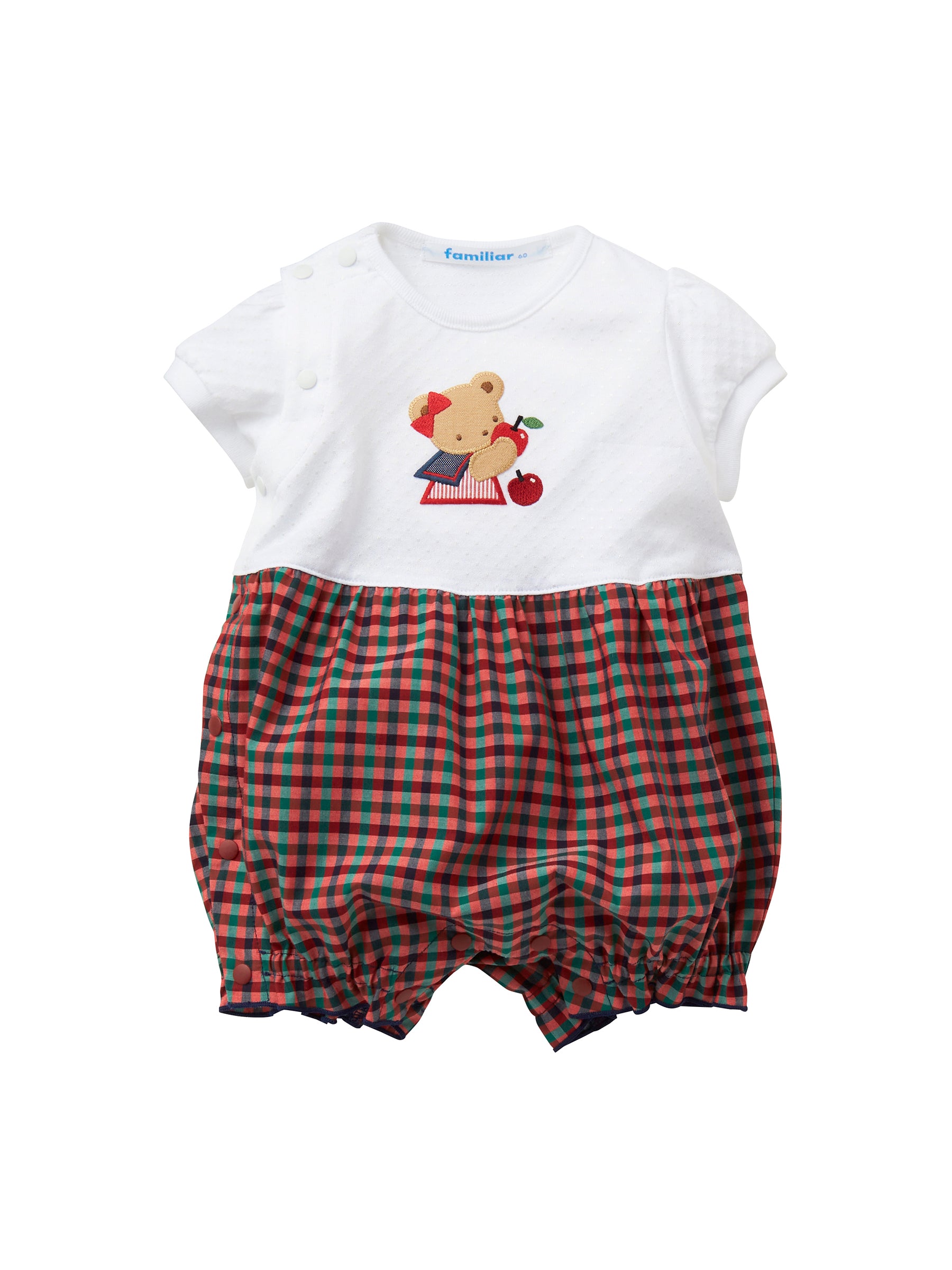 ファミリア ロンパース 半袖 赤チェック 60 スタイ ファミリア