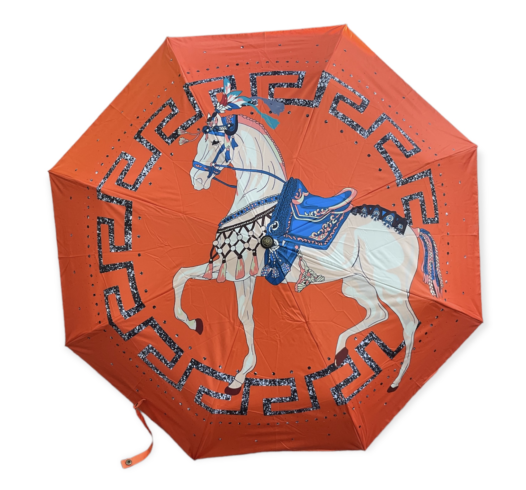 Designer H umbrella with a horse on a orange background - Fabric