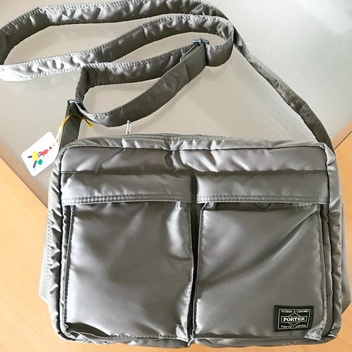 中古】☆PORTER シルバーグレードラムバッグ ショルダーストラップ付き
