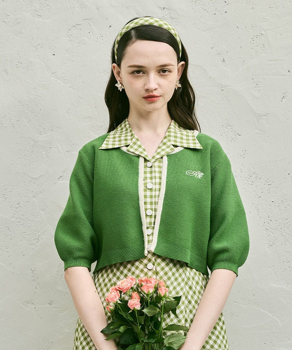 □配色ラインバルーンスリーブニットカーディガン/an another angelus