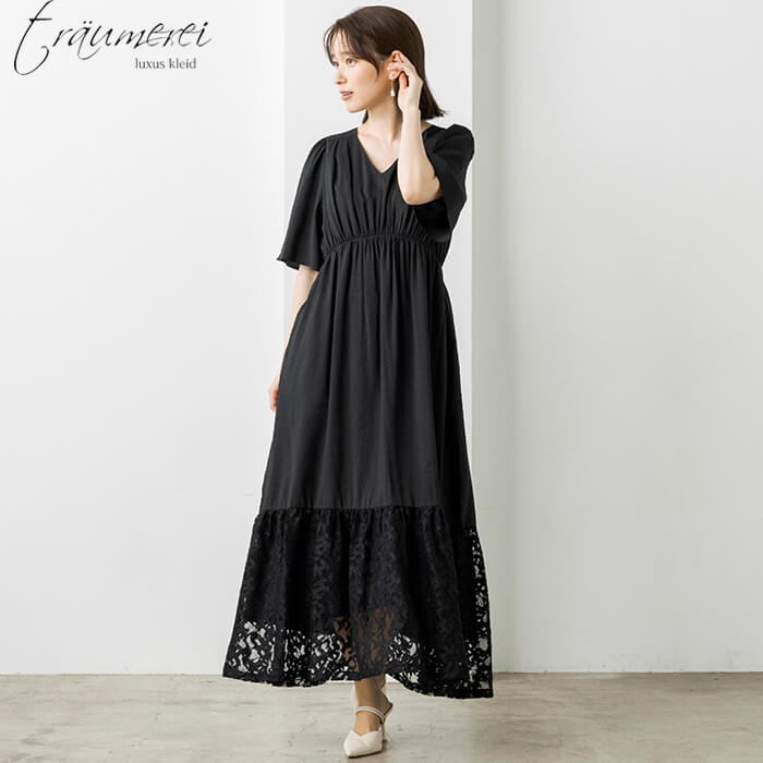 WEB限定｜裾レース切替ギャザードレス 9号・ブラック｜東京ソワール