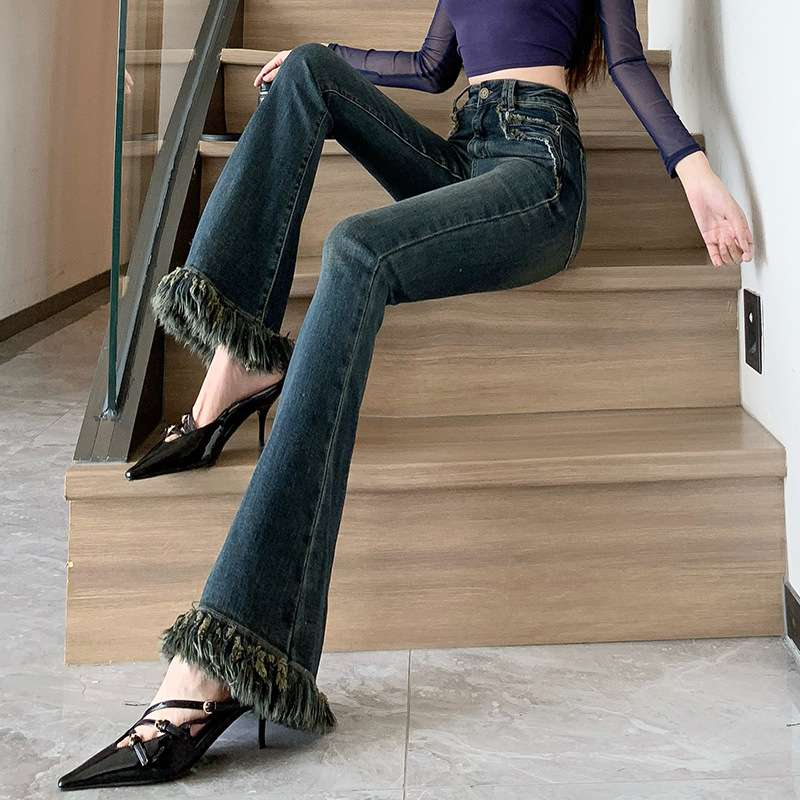 Y2Kファッション フリンジ付きブーツカットデニム デニムパンツ|Y2K