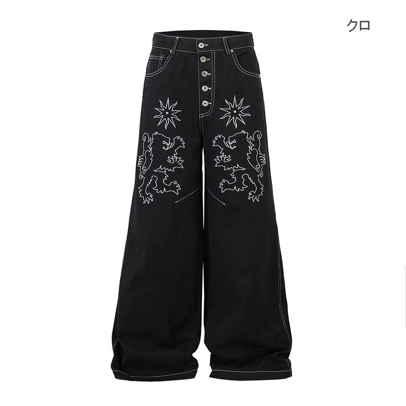 黒パンツ 刺繍入り黒デニムパンツ 男女兼用 ワイドフレア デニム|黒